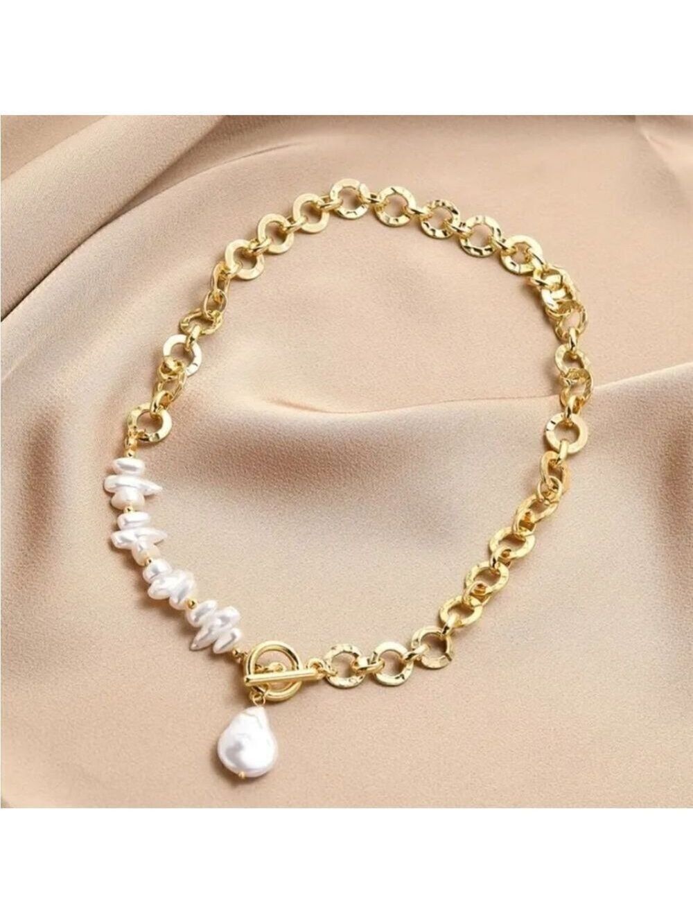 Baroque Style Lab Pearl Pendant Necklace with Round Gold Tone Chain - Picture 5 of 8